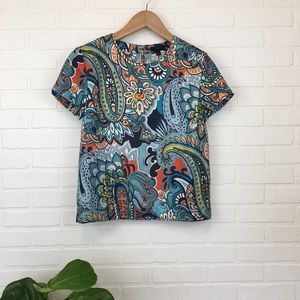 J. Crew Paisley Floral Short Sleeve Silk Blouse